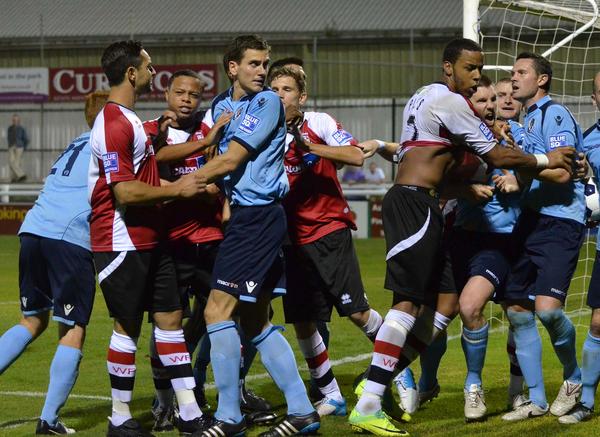 Flash Point: Things get heated between Woking and Dartford after Gez Sole's penalty (pic courtesy of David Holmes)