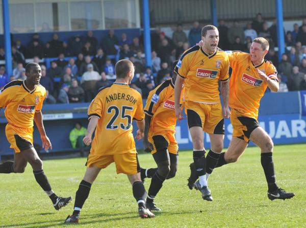 Holker Hit: Liam Marum about to be mobbed after his winner at Barrow in April 2009 (Photo courtesy of David Holmes)
