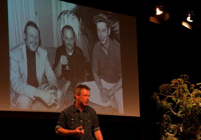 Two Johns: Andy Kershaw in the shadow of giants, on stage at the Hay on Wye Literary Festival, June 2012 (Photo: http://www.andykershaw.co.uk/)