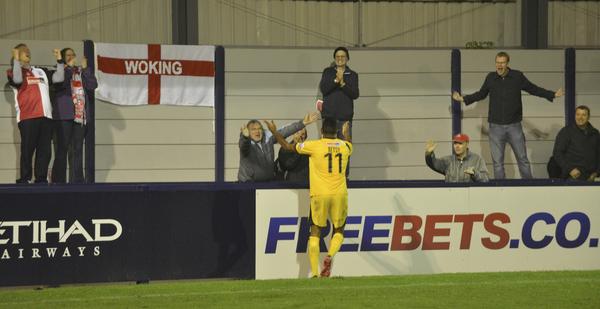 Goal Hero: Kevin Betsy celebrates with the travelling faithful at Hyde, including the blogger's niece and brother-in-law (Photo: David Holmes)