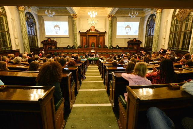 Council Chamber: Benjamin Zephaniah faces his audience at County Hall (Photo: Denis Oates Photography)