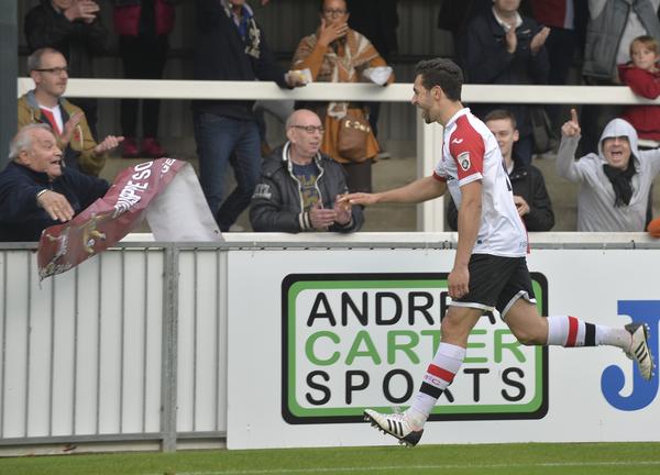 Sole Searching: Giuseppe Sole brings up a ton of goals for the Cards in the FA Cup tie against Boreham Wood, and seeks out No.1 fan, Bruno (Photo: David Holmes)
