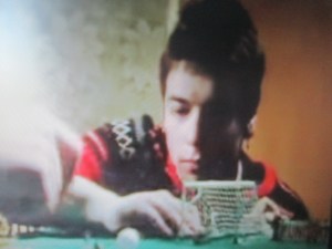 Flick Off: Dee about to witness a highly-illegal Subbuteo flick-kick in 1980's My Perfect Cousin video