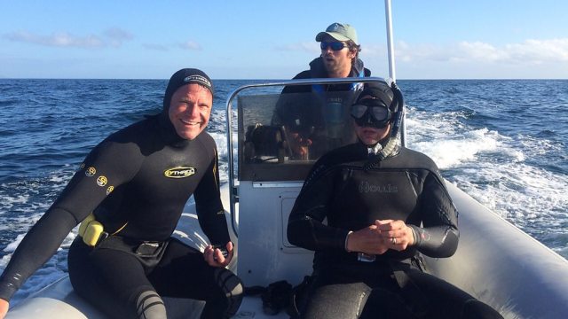 Bay Watch: Steve Backshall and cameraman Simon Enderby ready to dive in Monterey Bay for Big Blue Live (Photo: BBC, with the image by Andrew Hoare, sound recordist)