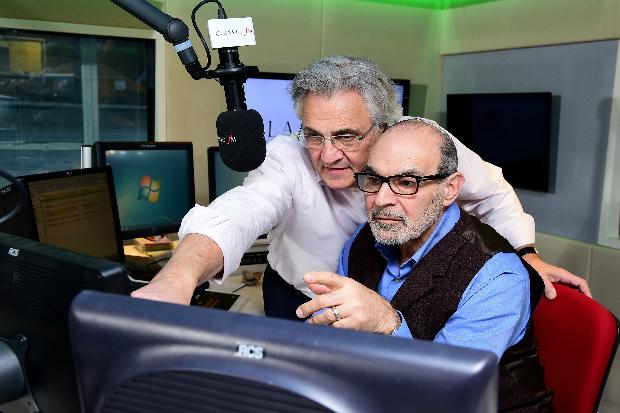 Brotherly Love: John and David Suchet together in front of the microphone at Classic FM (Photo: Classic FM)