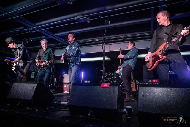 Lining Up: The Men They Couldn't Hang, live at Preston Guild Hall. From left, out front, Tom Spencer, Paul Simmonds, Phil Odgers, Stefan Cush, Ricky McGuire, with Jon McLaren-Odgers on drums (Copyright: Michael Porter Photography)