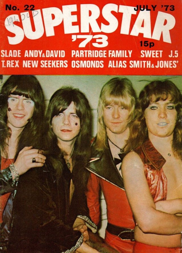 Cover stars: Sweet take the front by storm for SuperStar '73. From the left: Mick Tucker, Andy Scott, Bruan Connolly, Steve Priest.