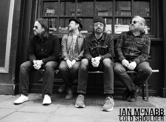 Looking Lively: Cold shoulder waiting on the tour bus to arrive. From left: Nick Kilroe, Christopher Kearney, Ian McNabb, Andy Lord-Ashton